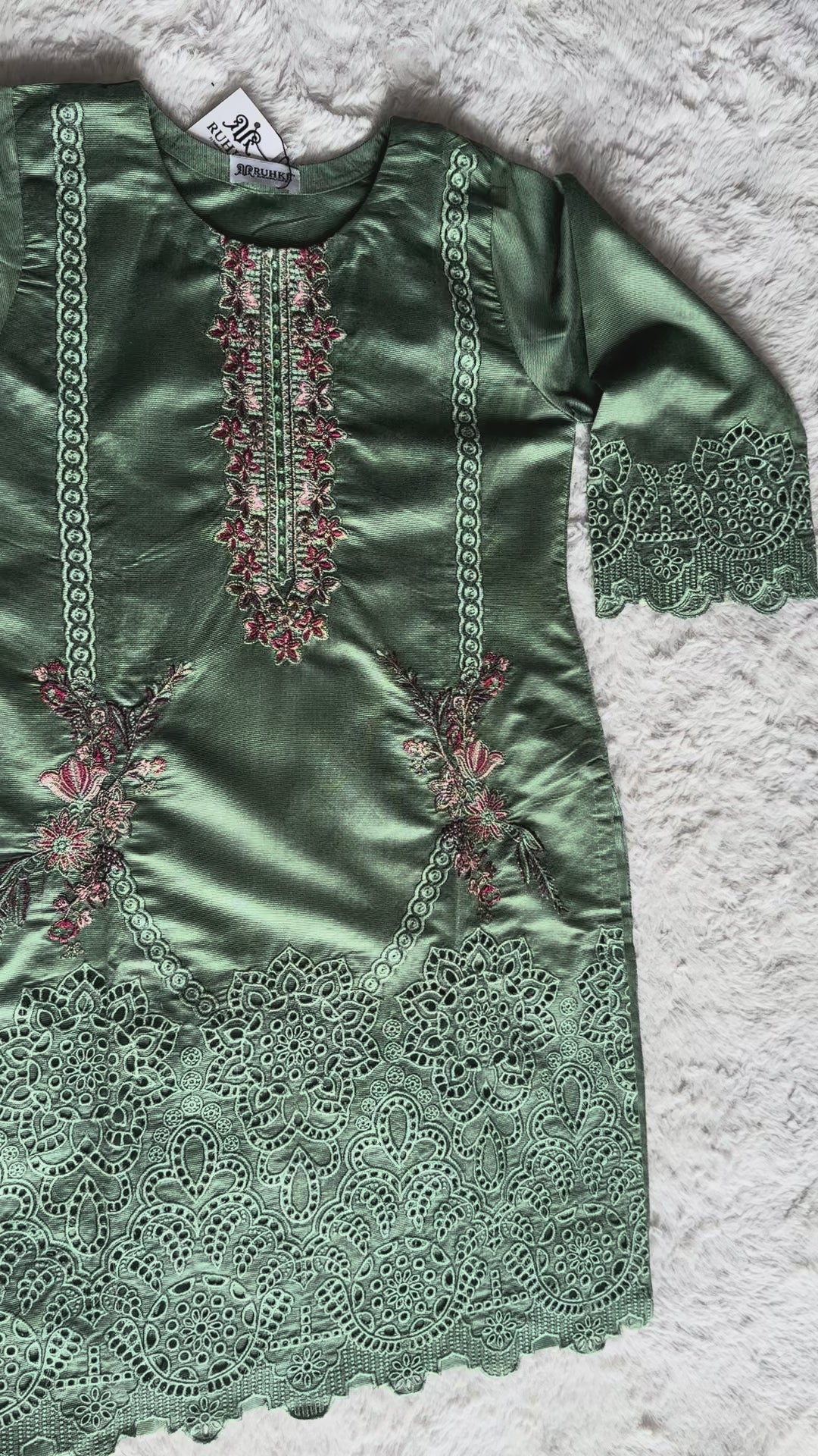 Designer sage green cut-work kurta featuring delicate floral thread embroidery, paired with a luxurious silk dupatta by RUHKÉ shirt