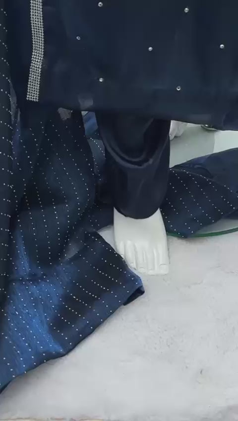 Midnight navy sheesha silk long shirt shalwar kameez with stone and rehnion embellishment video 