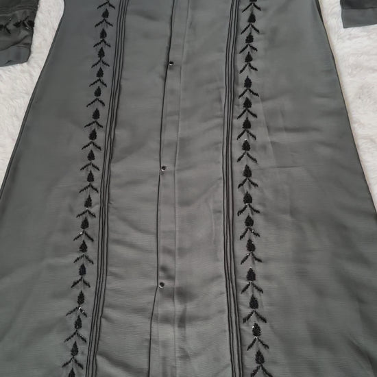 Textured crepe front open abaya with black beadwork detailing Video