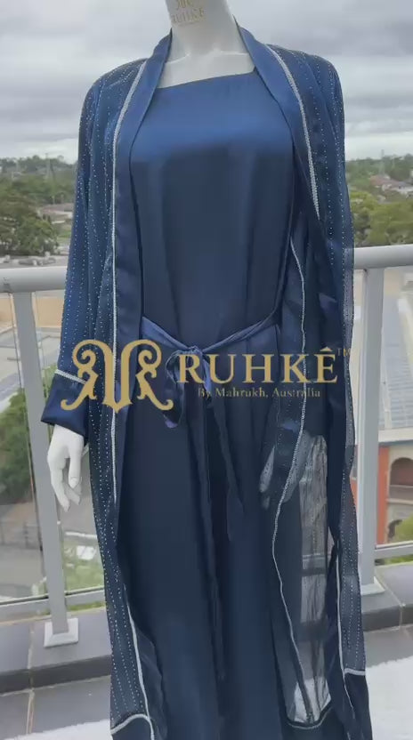 High end midnight navy open abaya layered over soft silk inner dress Video