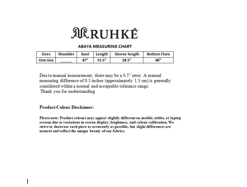 Ruhke abaya measuring chart on a white background