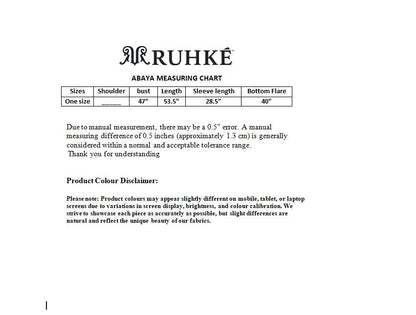 Ruhke abaya measuring chart on a white background